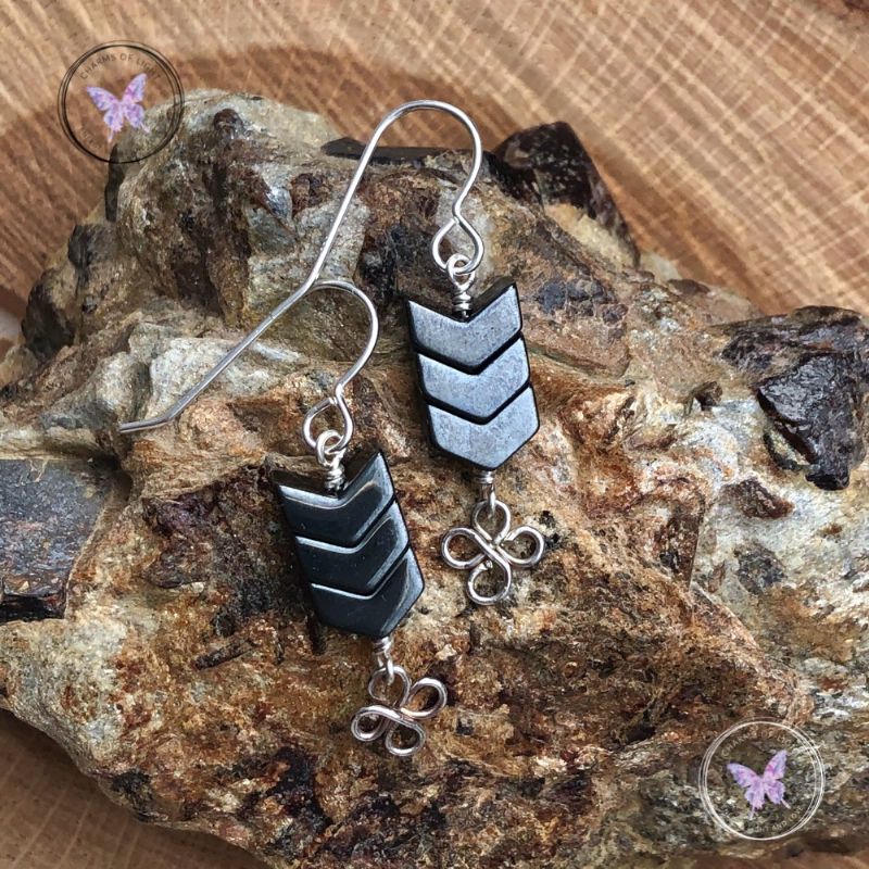 Hematite Arrow Earrings With Lucky Silver Clover